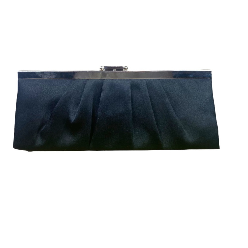 Jessica McClintock Black Evening Bag Satin Clutch Wristlet Chain Strap Party.